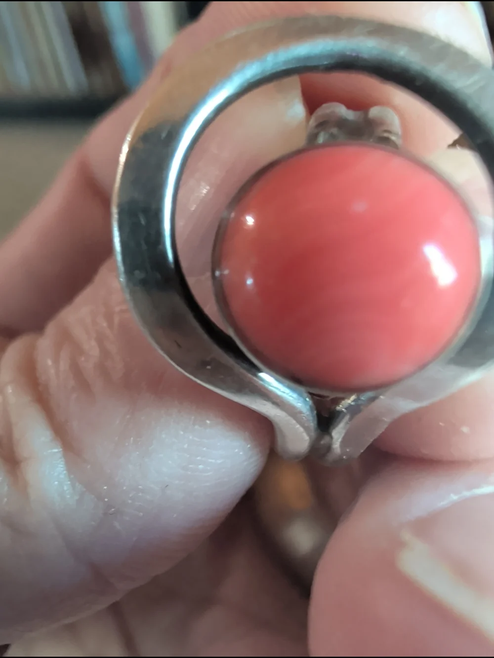 Coral Cabochon Sterling Ring. Semi Adjustable Size 5.75-6.75